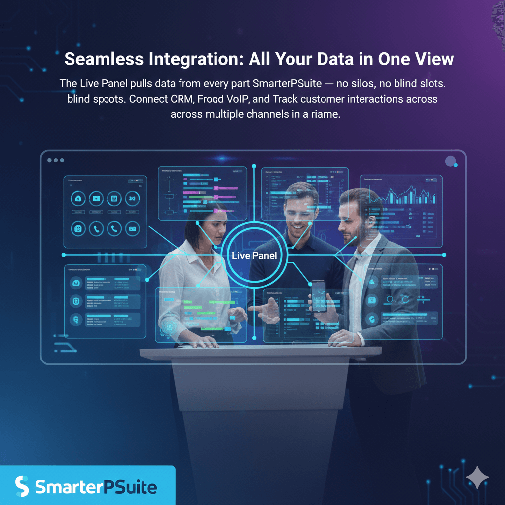 SmarterPSuite Live Panel showing integrated data from CRM, VoIP, Projects, and Support modules in real-time