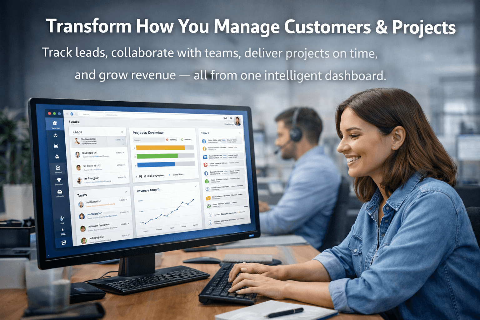 SmarterPSuite CRM and Project Management Dashboard showing sales pipeline, task boards, and team collaboration
