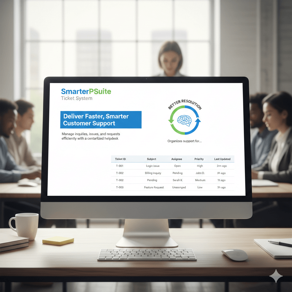 SmarterPSuite Ticket Integration with CRM showing linked tickets and customer history